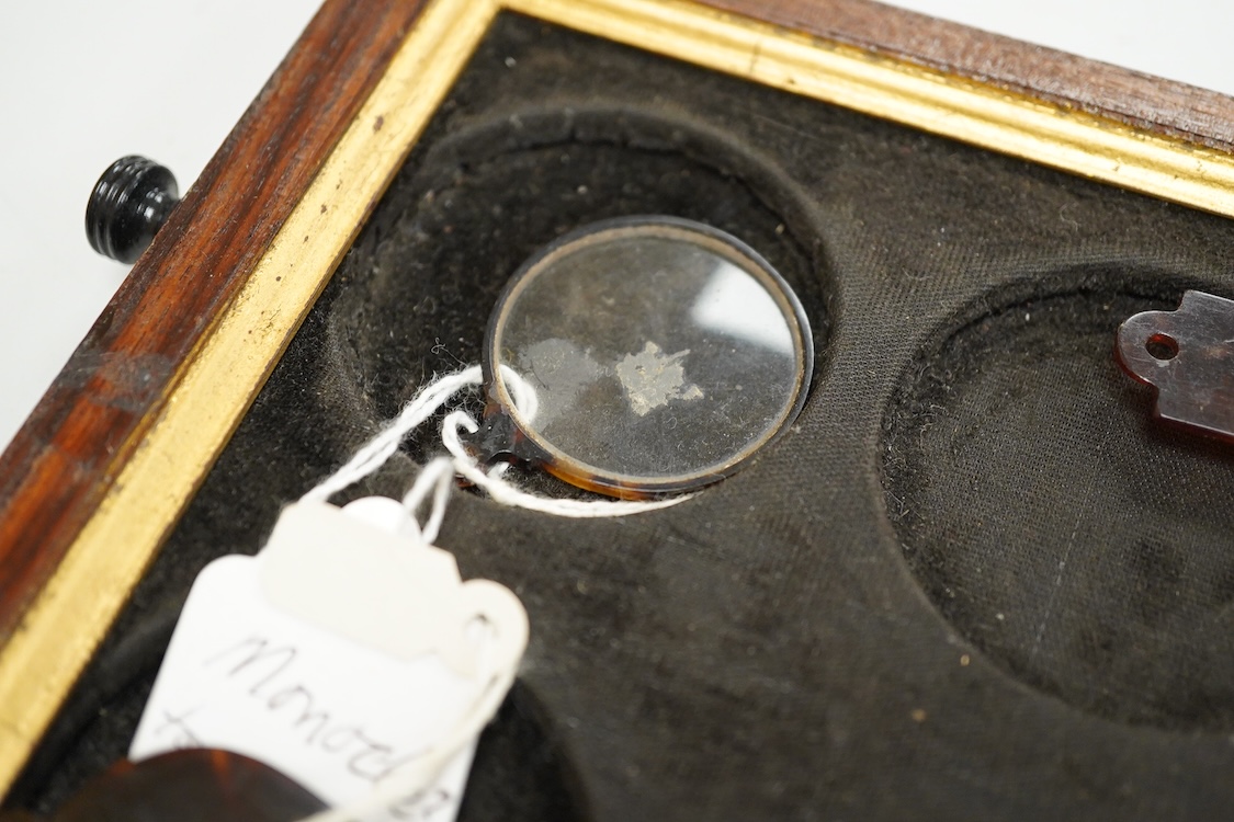 A pair of 18th-century tortoiseshell framed temple spectacles, the silver hinges with maker’s mark ‘CR,’ (one arm shortened) various tortoiseshell and simulated tortoiseshell lorgnettes, a monocle and a pair of scissor s